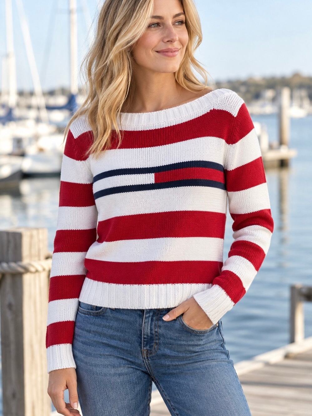Vintage 90s Tommy Hilfiger Jeans Size Medium Red White Blue Nautical Sweater